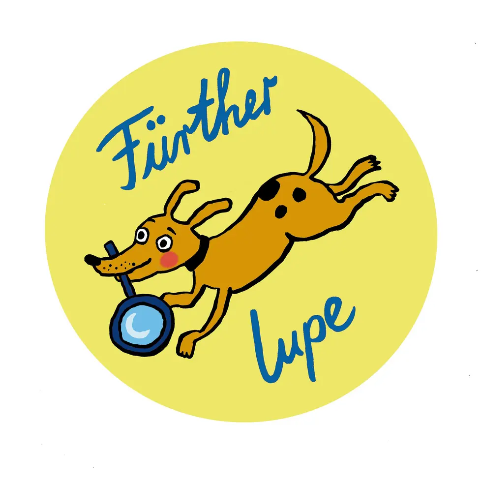 Illustration eines Hunds, der eine Lupe im Maul hält; Aufschrift "Fürther Lupe". Klick auf Bild vergrößert die Ansicht der Grafik.