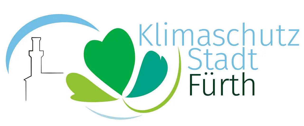 Logo der Klimaschutzstadt Fürth bestehend aus dem Fürther Rathaus und einem dreiblättrigen Kleeblatt