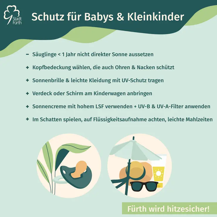 Grafik mit Auflistung von Hitzetipps: Schutz für Babys und Kleinkinder