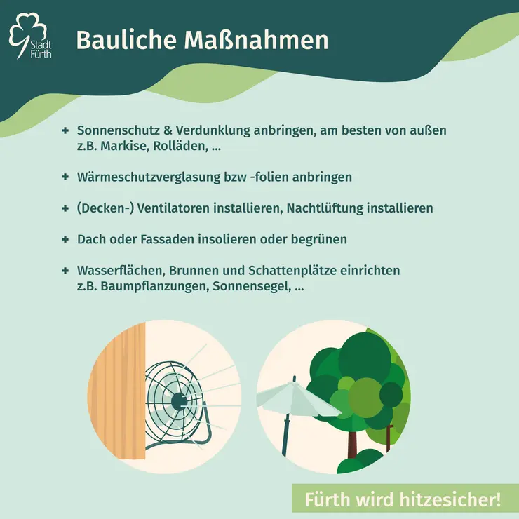 Grafik mit Auflistung von Hitzetipps: Bauliche Maßnahmen