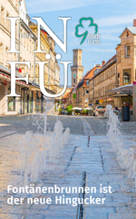 Titelseite mit Fontänenbrunnen und Rathaus im Hintergrund.