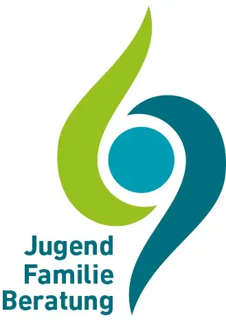 Logo in Grün- und Blautönen mit den Schlagworten Jugend, Familie, Beratung