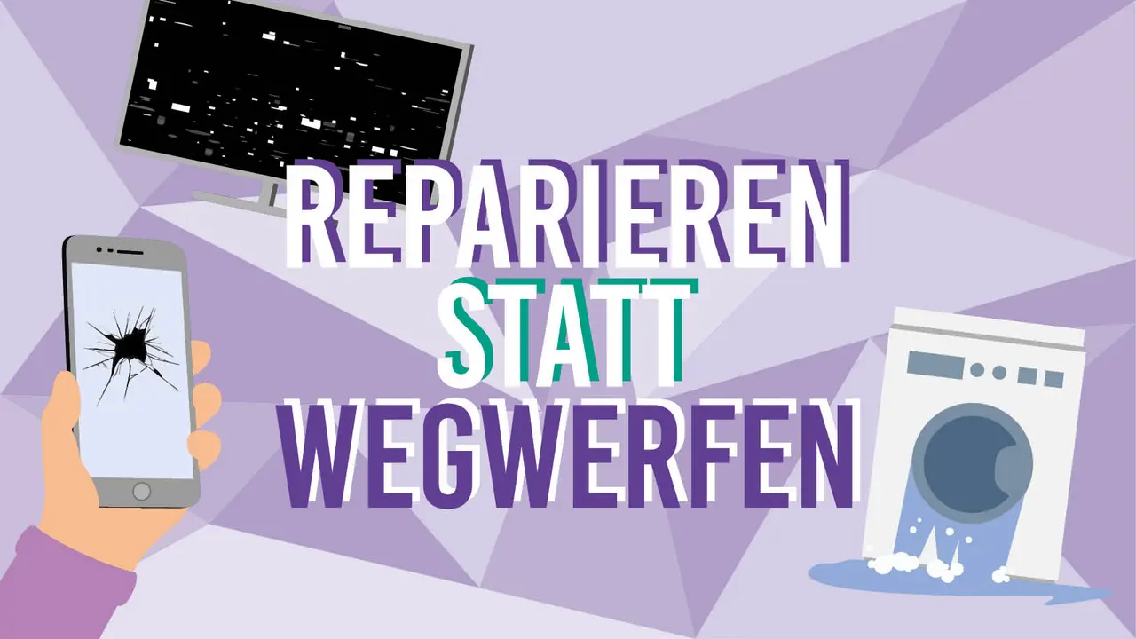 Illustration einer auslaufenden Waschmaschine, eines zerbrochenen Handydisplay, eines defekten Fernsehers und die Aufschrift "Reparieren statt wegwerfen"