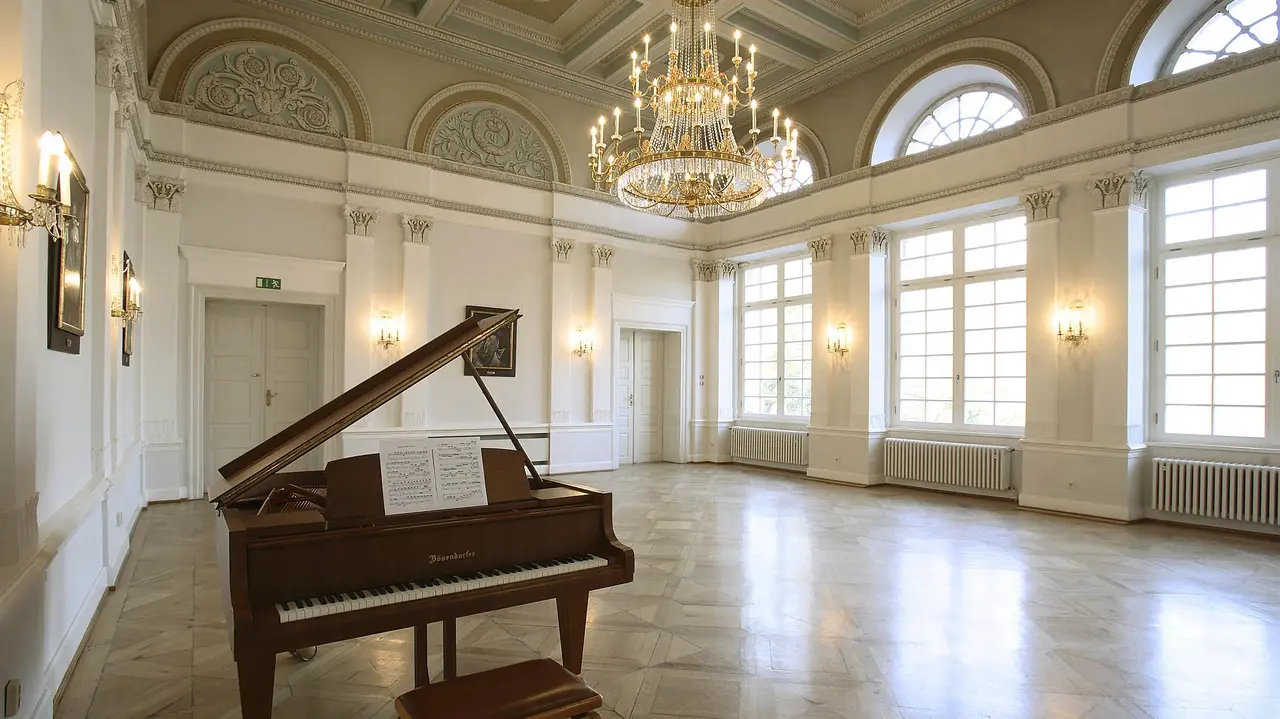 Im prächtigen, lichtdurchfluteten Festsaal des Schloss Burgfarrnbach steht ein Flügel unter dem Kronleuchter.