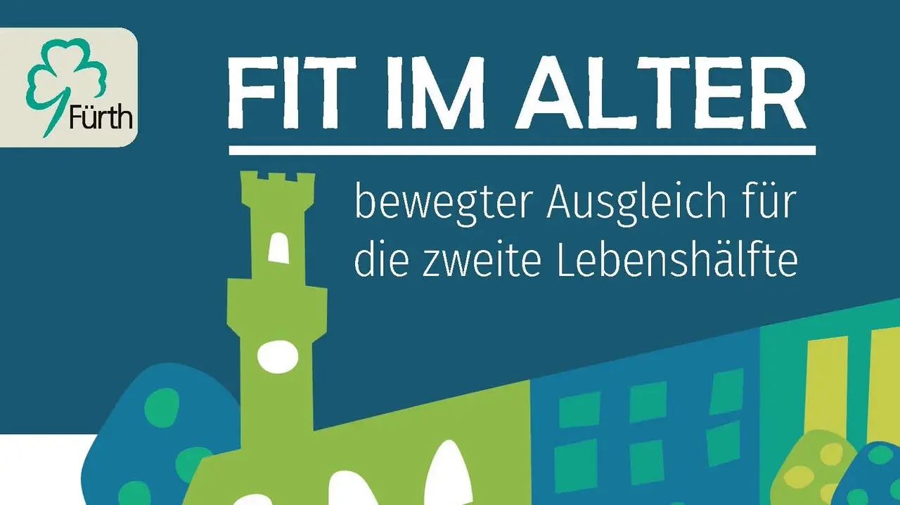 Gestaltetes Bild zur Broschüre "Fit im Alter" mit dem Textzusatz "Bewegter Ausgleich für die zweite Lebenshälfte".