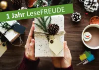 Cover des Büchereiausweises mit Geschenkmotiv und Aufschrift 1 Jahr Lesefreude