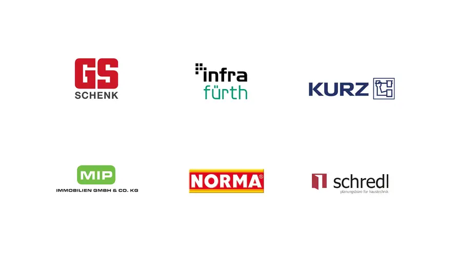 Logos der Partner für die Fürther Glanzlichter: GS Schenk, infra fürth, Kurz, MIP Immobilien, Norma und Planungsbüro Schredl