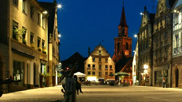 Grüner Markt bei Dunkelheit mit Gauklerbrunnen im Vordergrund