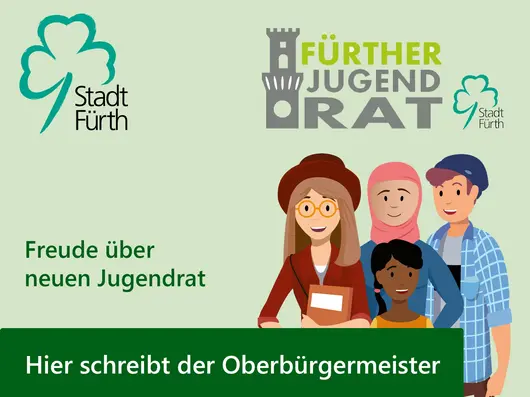 Jugendliche als gezeichnete Figuren und Logo des Jugendrats. Klick öffnet Bild in größerer Ansicht