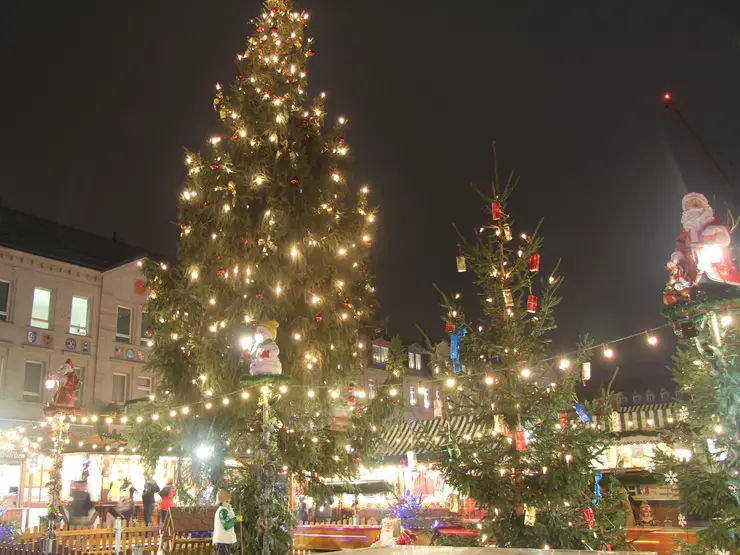 Geschmückte Weihnachtsbäume auf der Fürther Freiheit