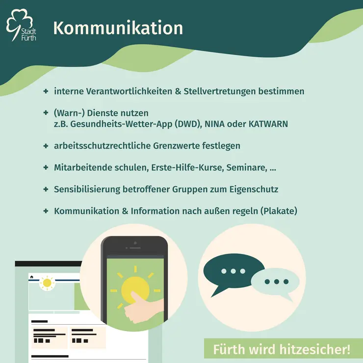 Grafik mit Auflistung von Hitzetipps: Kommunikation