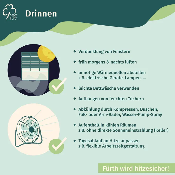 Grafik mit Auflistung von Hitzetipps: Drinnen