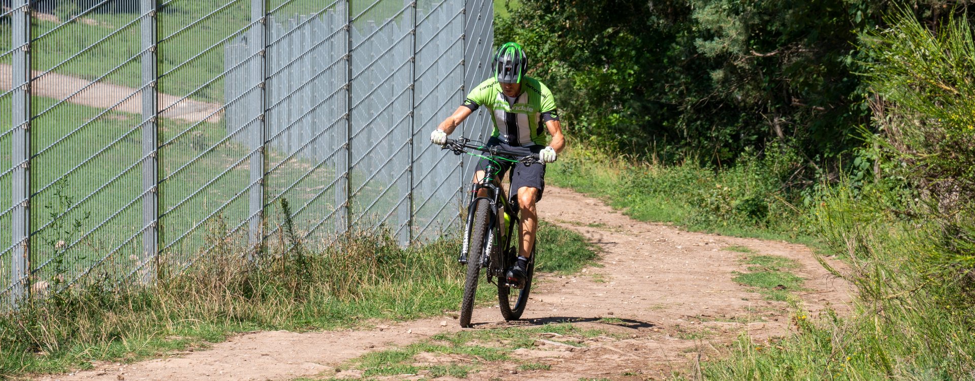 Mountainbiker mit Helm fährt Weg bergauf, Rotwildgehege links neben ihm