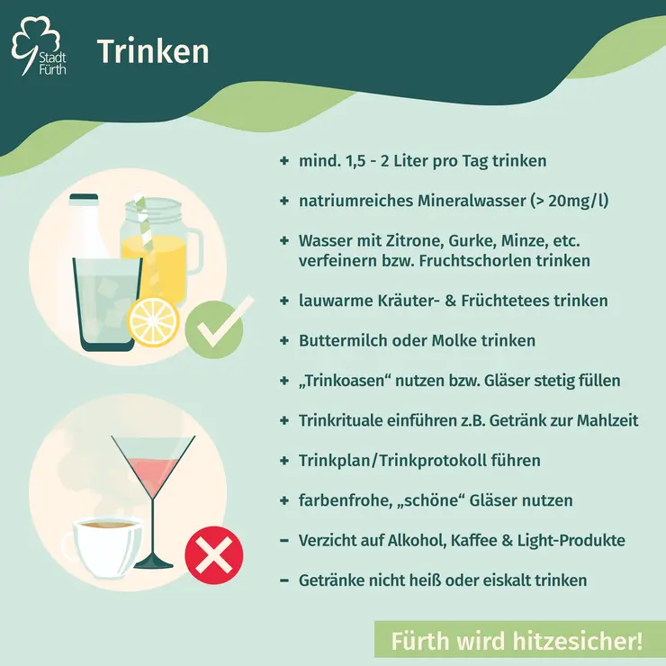 Grafik mit Auflistung von Hitzetipps: Trinken