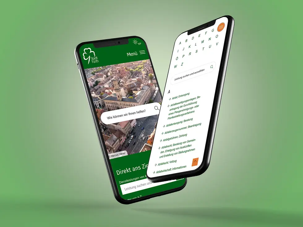 Zwei Smartphones, die die Startseite und die Ämtersuche zeigen. Klick öffnet Bild in größerer Ansicht.