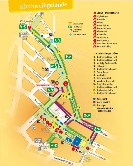 Das Bild zeigt den Lageplan der Michaelis-Kirchweih 2024 mit den Standorten der Fahrgeschäfte, der Ausschankbetriebe des Marktbereichs.