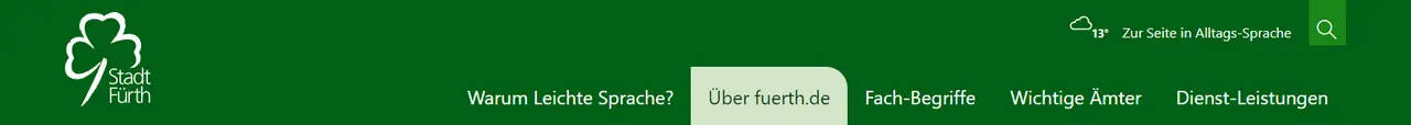 Von links nach rechts: Fürth-Logo (Klee-Blatt), Wetter-Symbol, Zur Seite in Alltags-Sprache. Lupe. Darunter: Warum Leichte Sprache?, Über fuerth.de, Fach-Begriffe, Wichtige Ämter, Dienst-Leistungen. Klick öffnet Bild in größerer Ansicht.