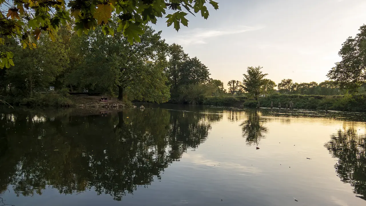 Blick auf den Zusammenfluss von Pegnitz und Rednitz in der Abenddämmerung.