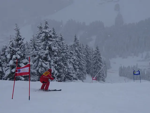 Skifahrer in schneebedeckter Kulisse; Klick zeigt Bild in größerer Darstellung.