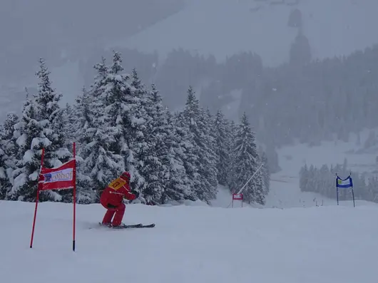 Skifahrer in schneebedeckter Kulisse; Klick zeigt Bild in größerer Darstellung.