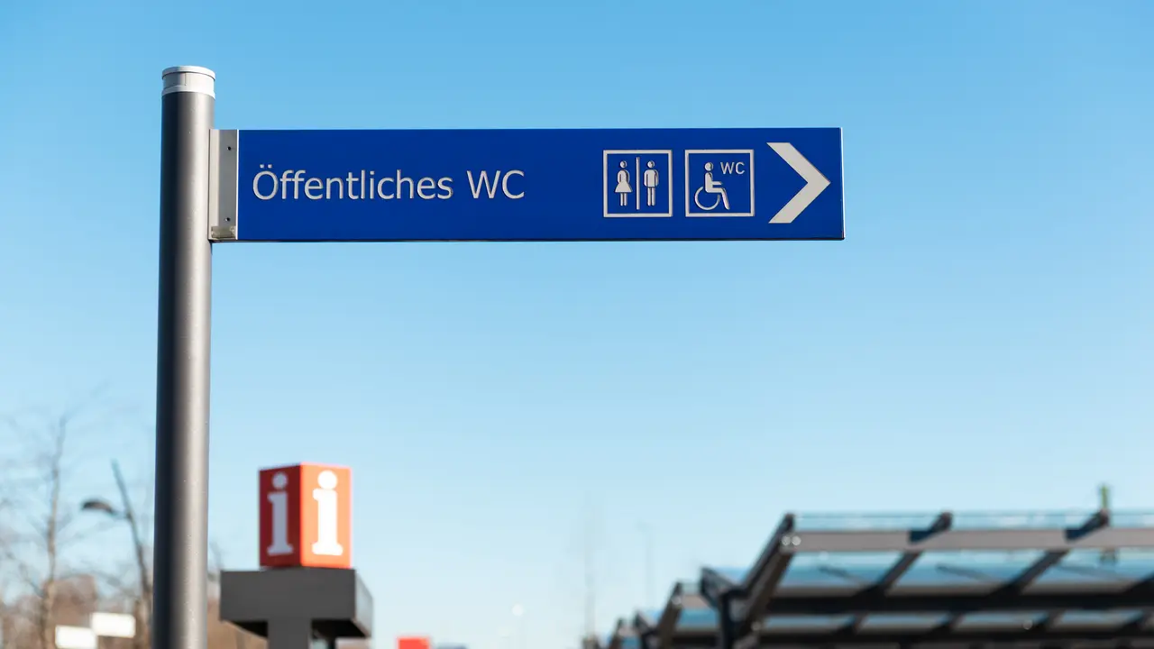 Wegweiser mit der Aufschrift "Öffentliche Toilette" und den Zeichen für Mann, Frau und barrierefreie Toilette