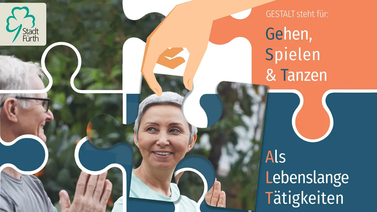 Plakat für den Kurs "Gestalt", ein Projekt zur Demenzprävention, das für Gehen, Spielen und Tanzen als Lebenslange Tätigkeiten steht.