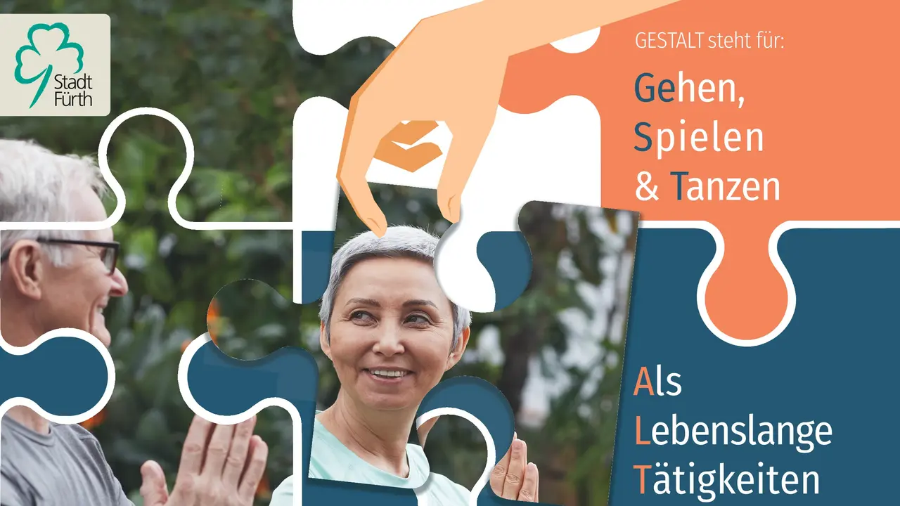 Plakat für den Kurs "Gestalt", ein Projekt zur Demenzprävention, das für Gehen, Spielen und Tanzen als Lebenslange Tätigkeiten steht.