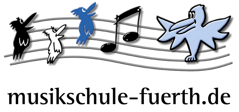 Logo der Musikschule in blau, schwarz und weiß mit Notenlinien, auf denen gezeichnete singende Vögel sitzen.