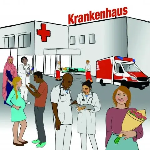 Ärzte, eine schwangere Frau, ein Krankenwagen, eine Frau mit Blumenstrauß vor dem Krankenhaus. Klick öffnet Bild in größerer Ansicht.