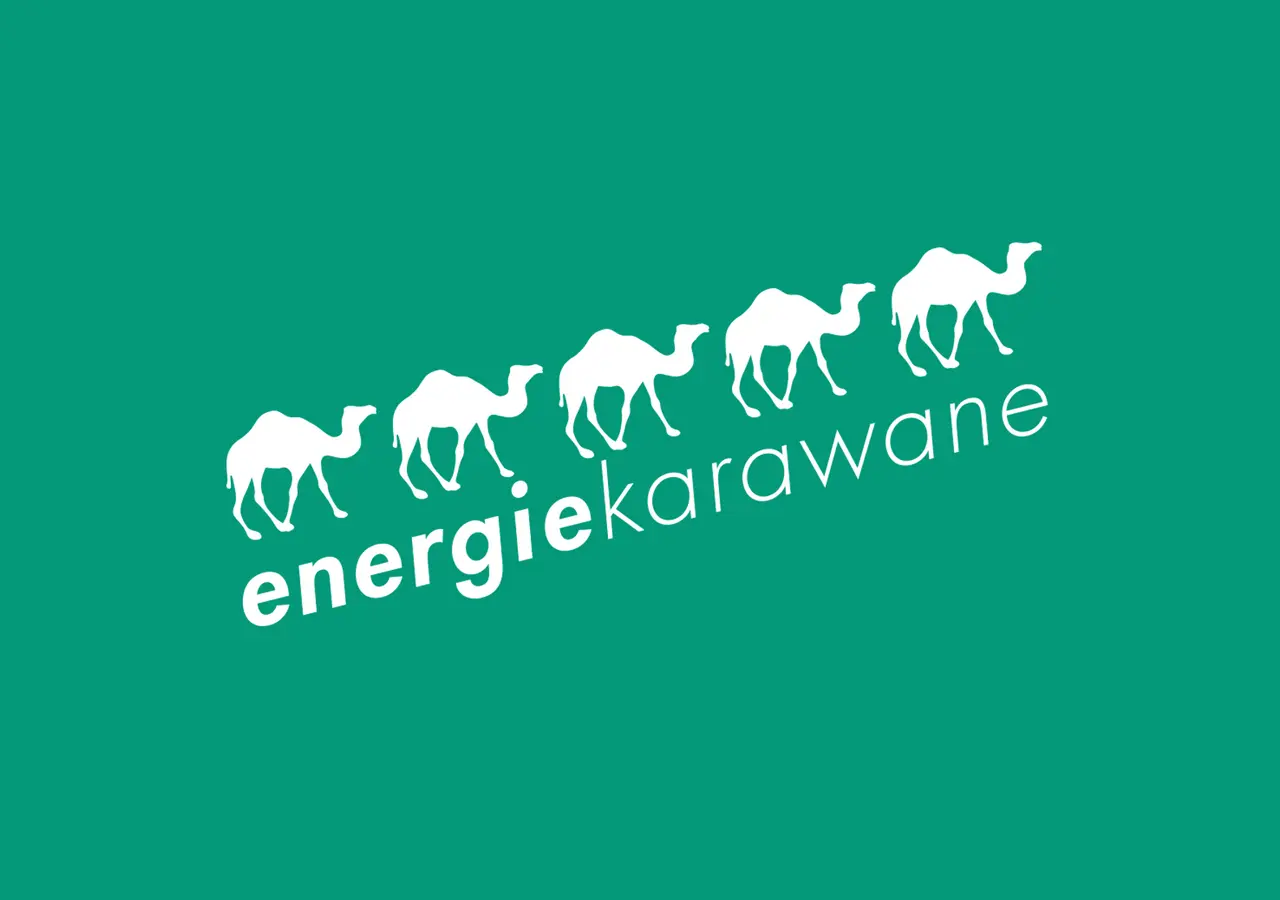 Illustration von Kamelen mit der Aufschrift "Energiekarawane"