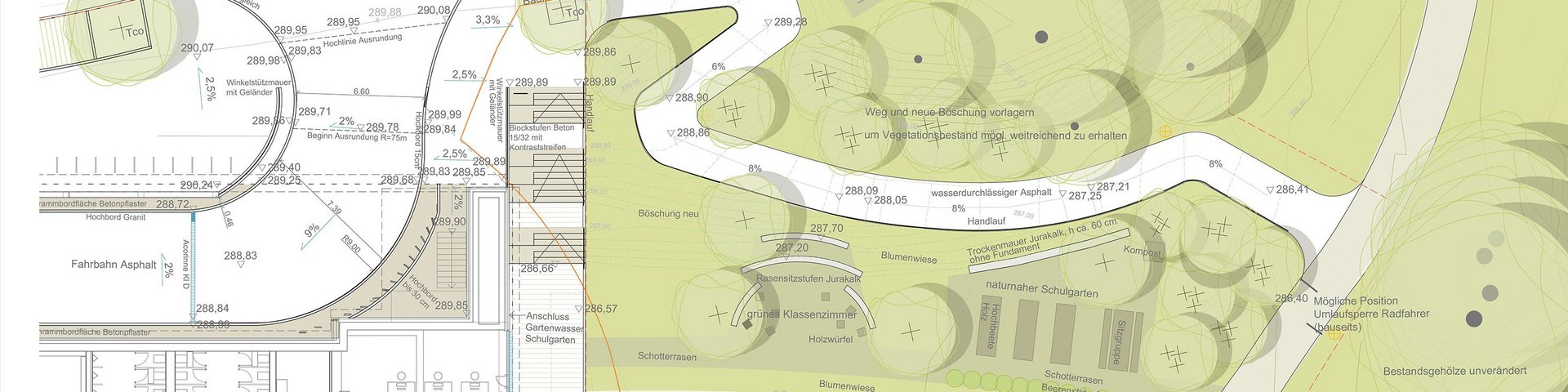 Auszug aus den Planunterlagen mit den Außenanlagen und der Umgebung im Osten des Schulhauses.