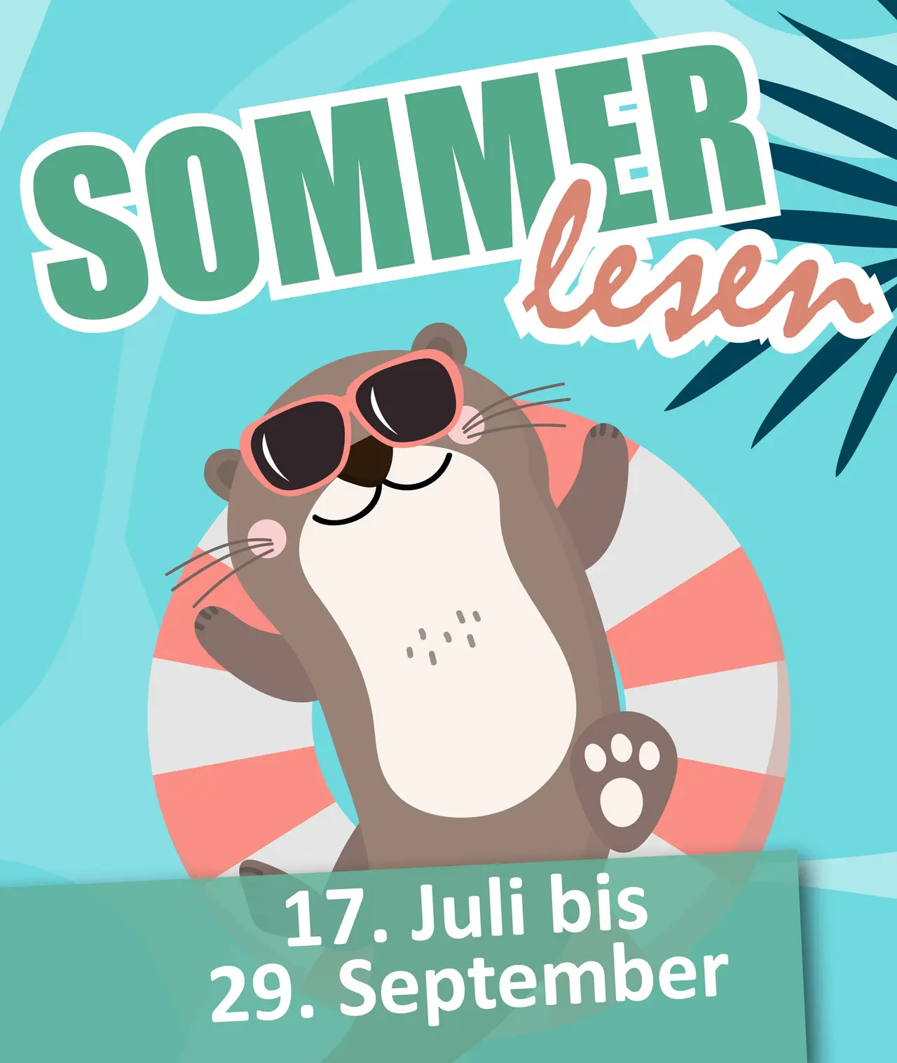 Sommerlesen 2025 Illustration mit einer Maus auf einem Schwimmring und dem Text "Sommerlesen, 17. Juli bis 29. September".