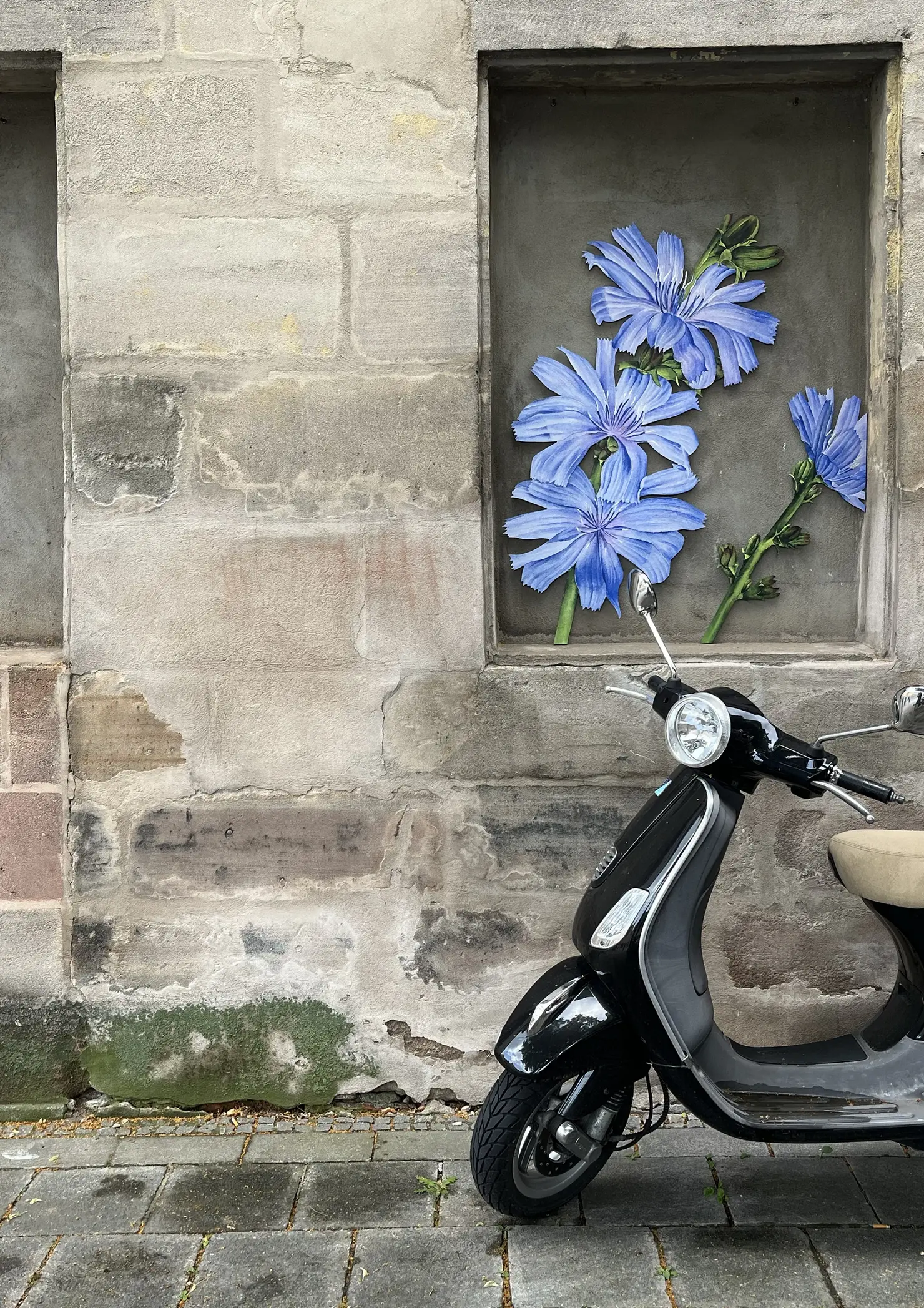 Blaue Blumen in einem zugemauerten Fenster